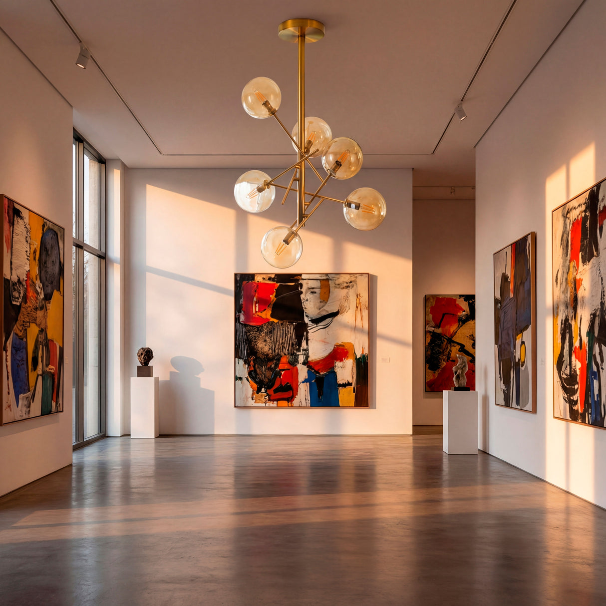 Lámpara multiaxial en pasillo de galería resaltando obras de arte con diseño escultórico.