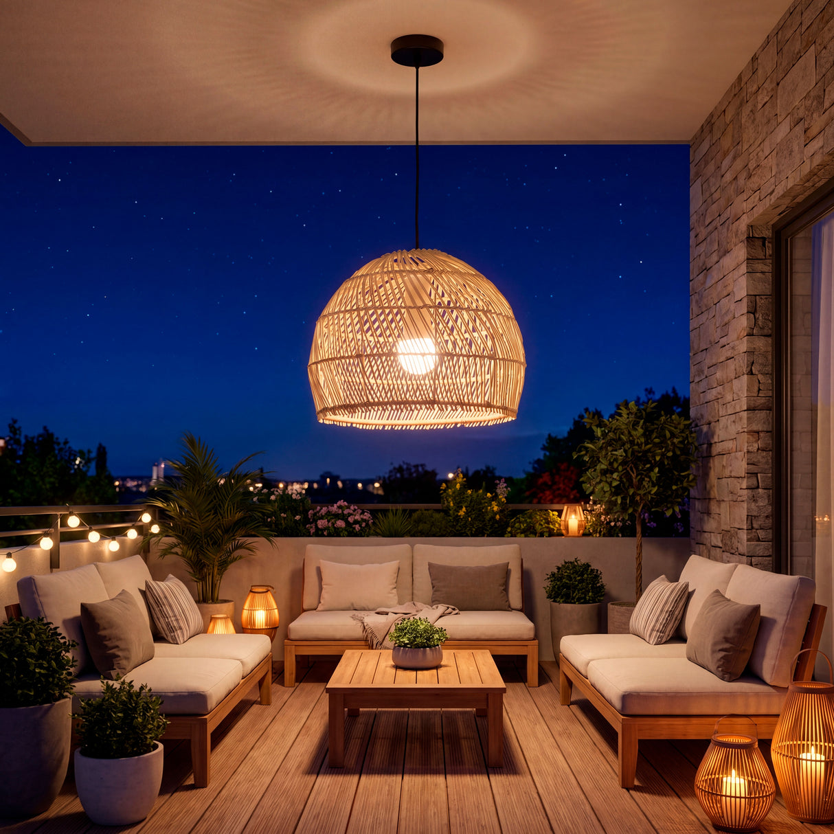 Lámpara colgante de mimbre en terraza con mobiliario de madera y luces decorativas.