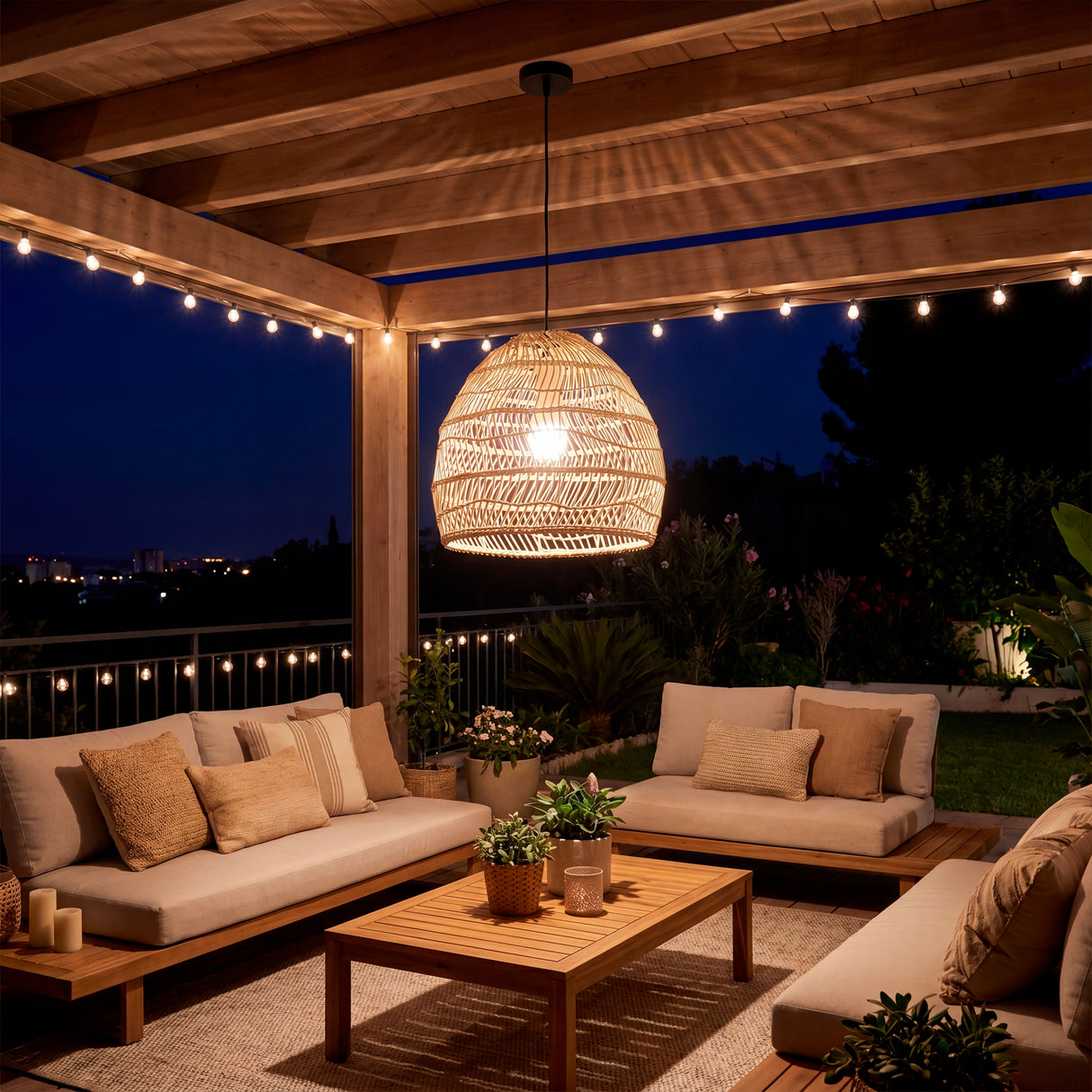 Lámpara colgante de fibras naturales en pérgola de madera con iluminación ambiental cálida.