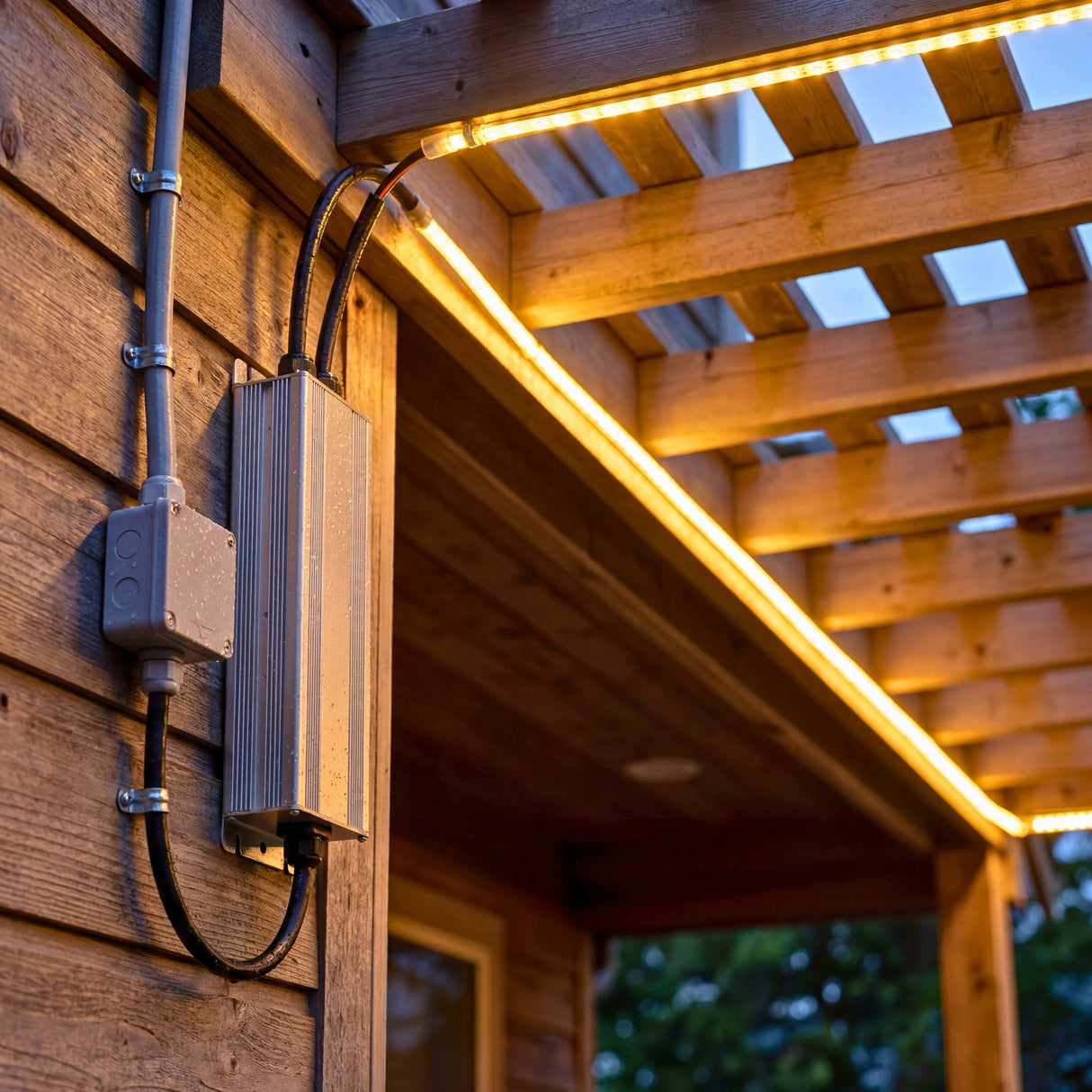 Montaje vertical de caja estanca en pared exterior alimentando tiras LED de luz cálida decorativa bajo pérgola.