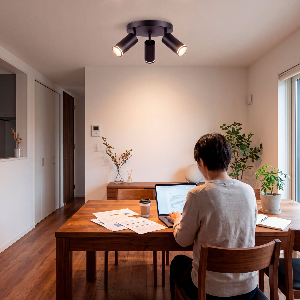 Luz de acento directa dirigida a zona de trabajo residencial que favorece el confort visual y concentración.