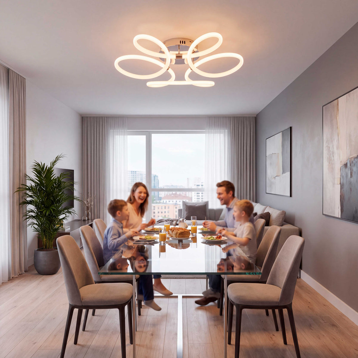 Distribución de luz ambiental tenue sobre comedor amplio en arquitectura contemporánea.