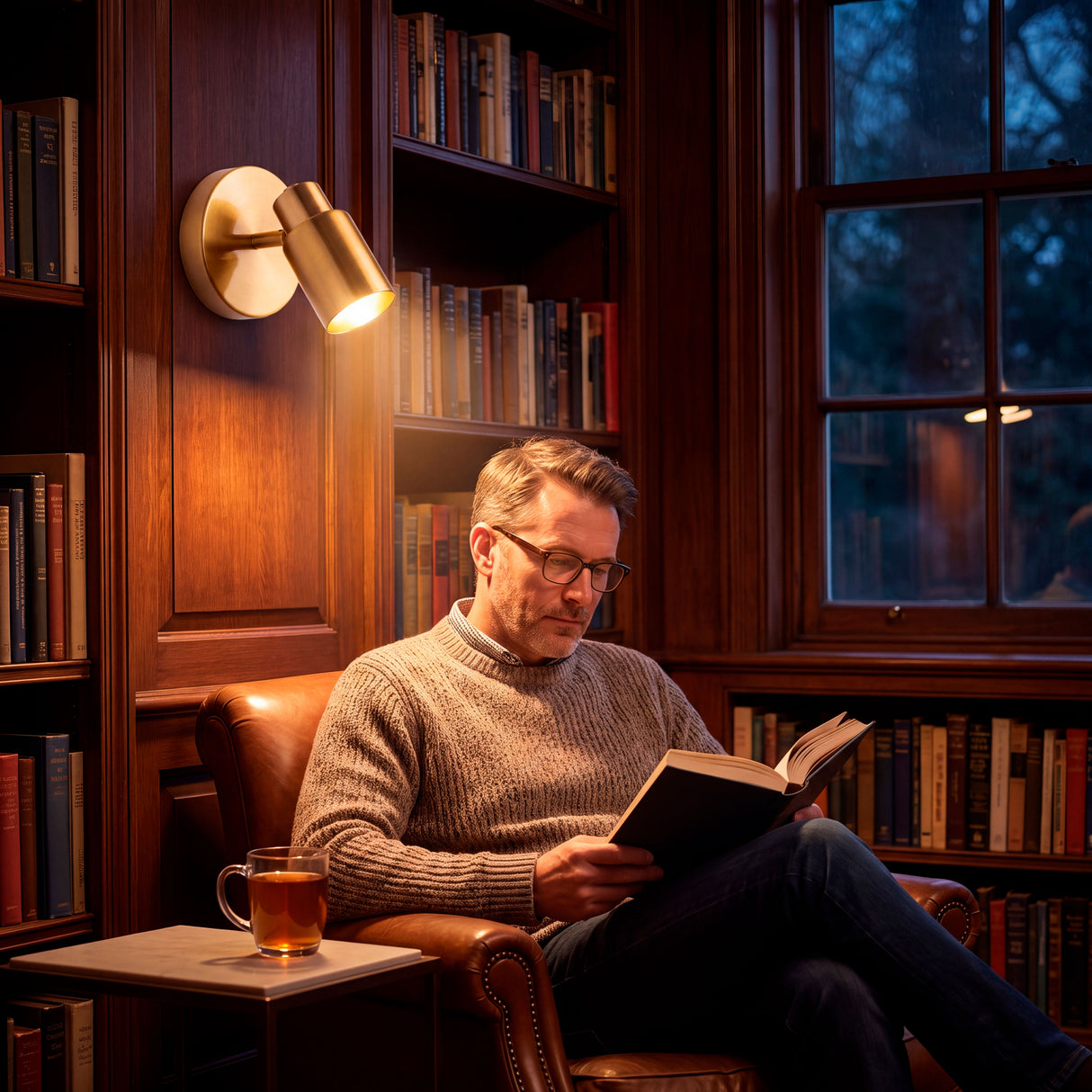 Luz de acento directa orientada hacia una zona de lectura en sillón, garantizando un alto confort visual.
