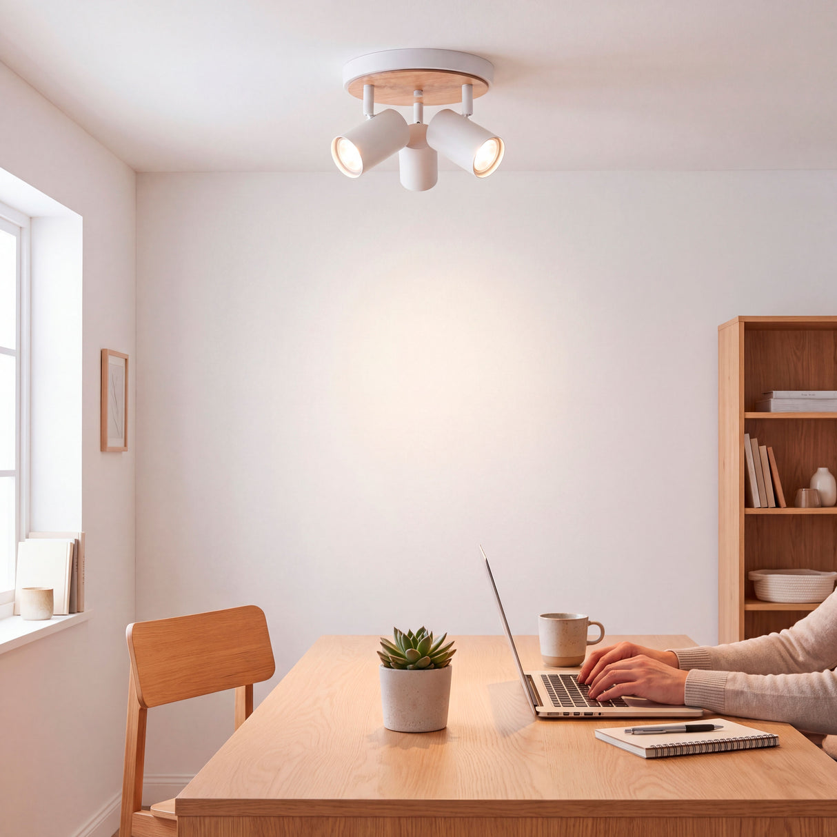 Punto de luz cenital dirigido a zona de trabajo residencial para maximizar el rendimiento óptico.
