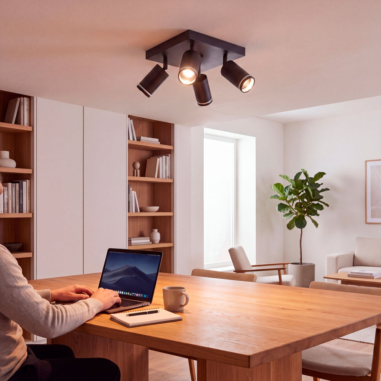 Luz de acento directa dirigida a zona de trabajo residencial que favorece el confort visual y concentración.