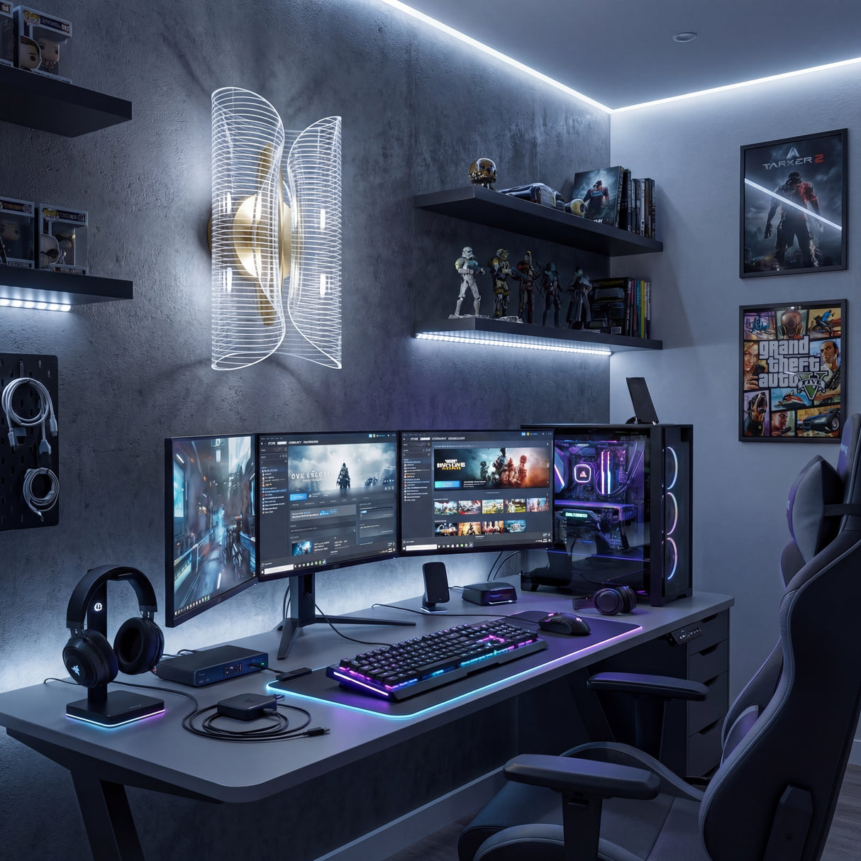 Aplique de pared LED en luz fría para setup gamer y zona de computadoras.