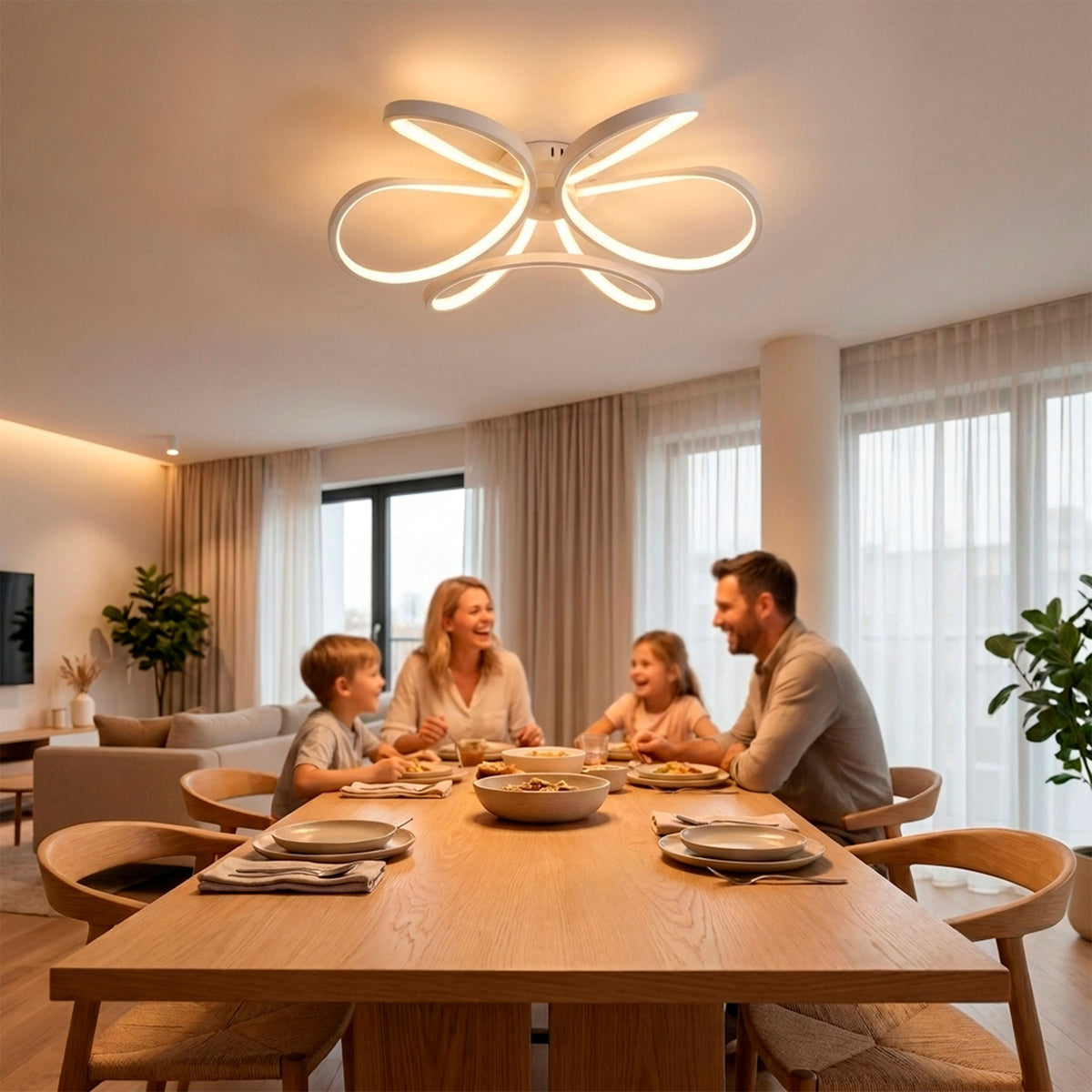 Plafón de diseño céntrico para comedor que optimiza la iluminación en reuniones y cenas.