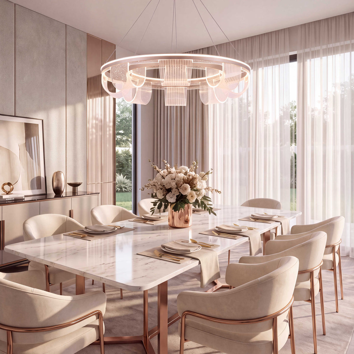 Distribución de luz ambiental cálida suspendida sobre mesa de comedor en proyectos de interiorismo.
