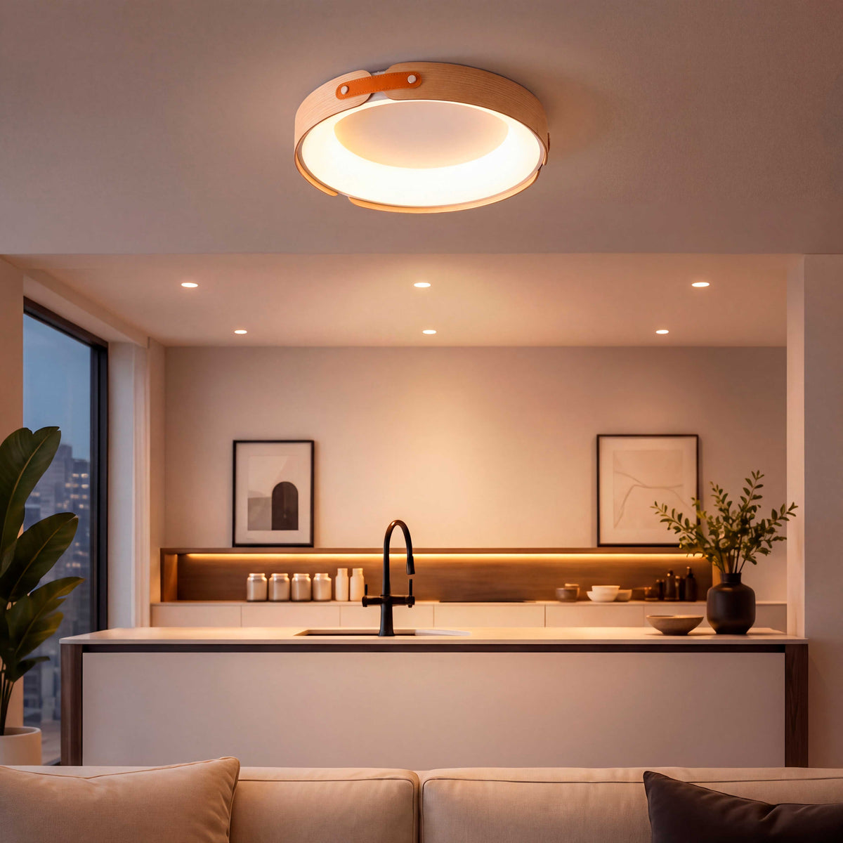 Plafón de diseño céntrico para cocina y comedor que optimiza la distribución del flujo luminoso.