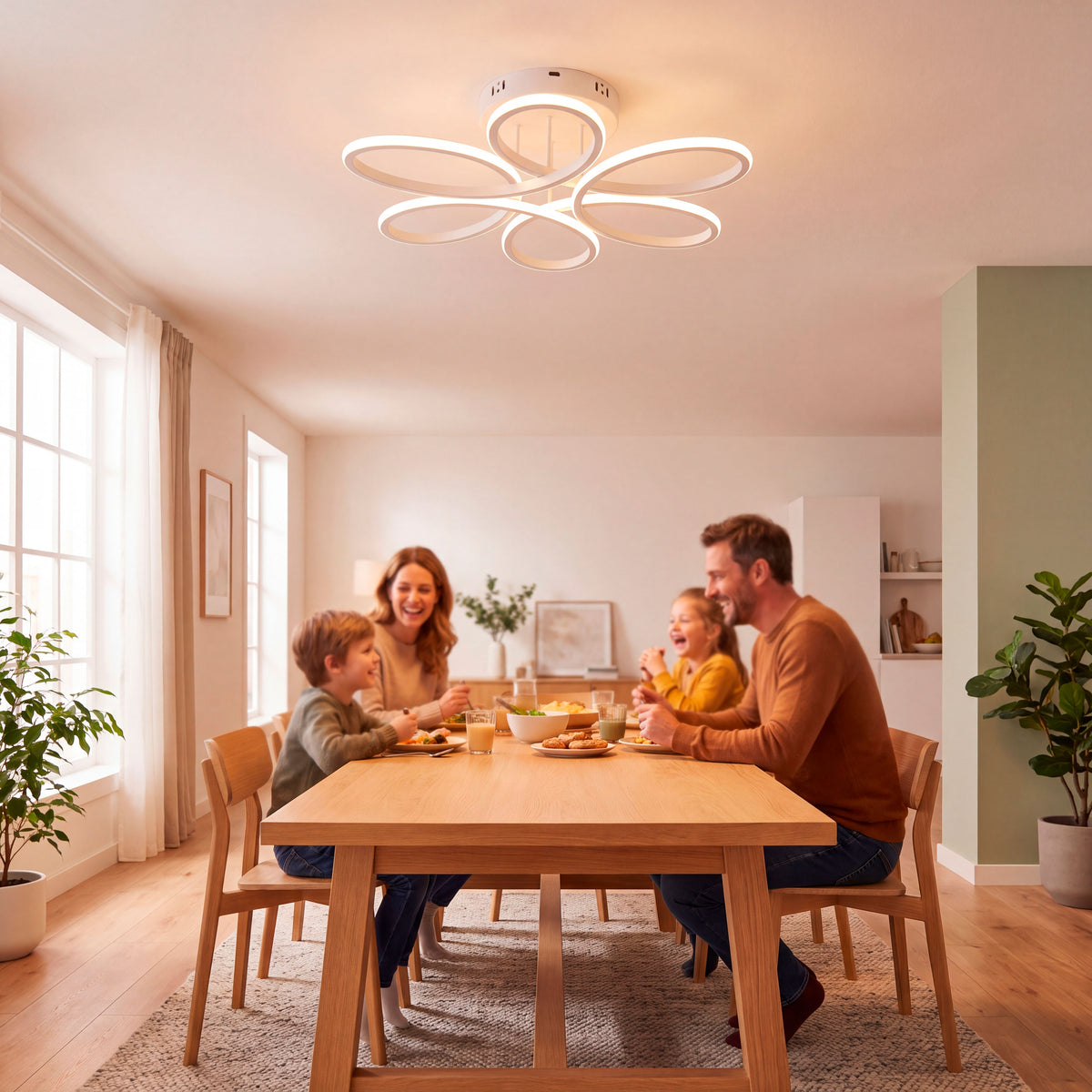 Plafón de diseño céntrico para comedor que optimiza la iluminación técnica en reuniones y cenas.