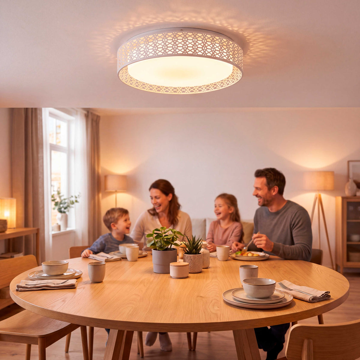 Plafón de diseño céntrico para comedor que optimiza la distribución del flujo luminoso en reuniones.