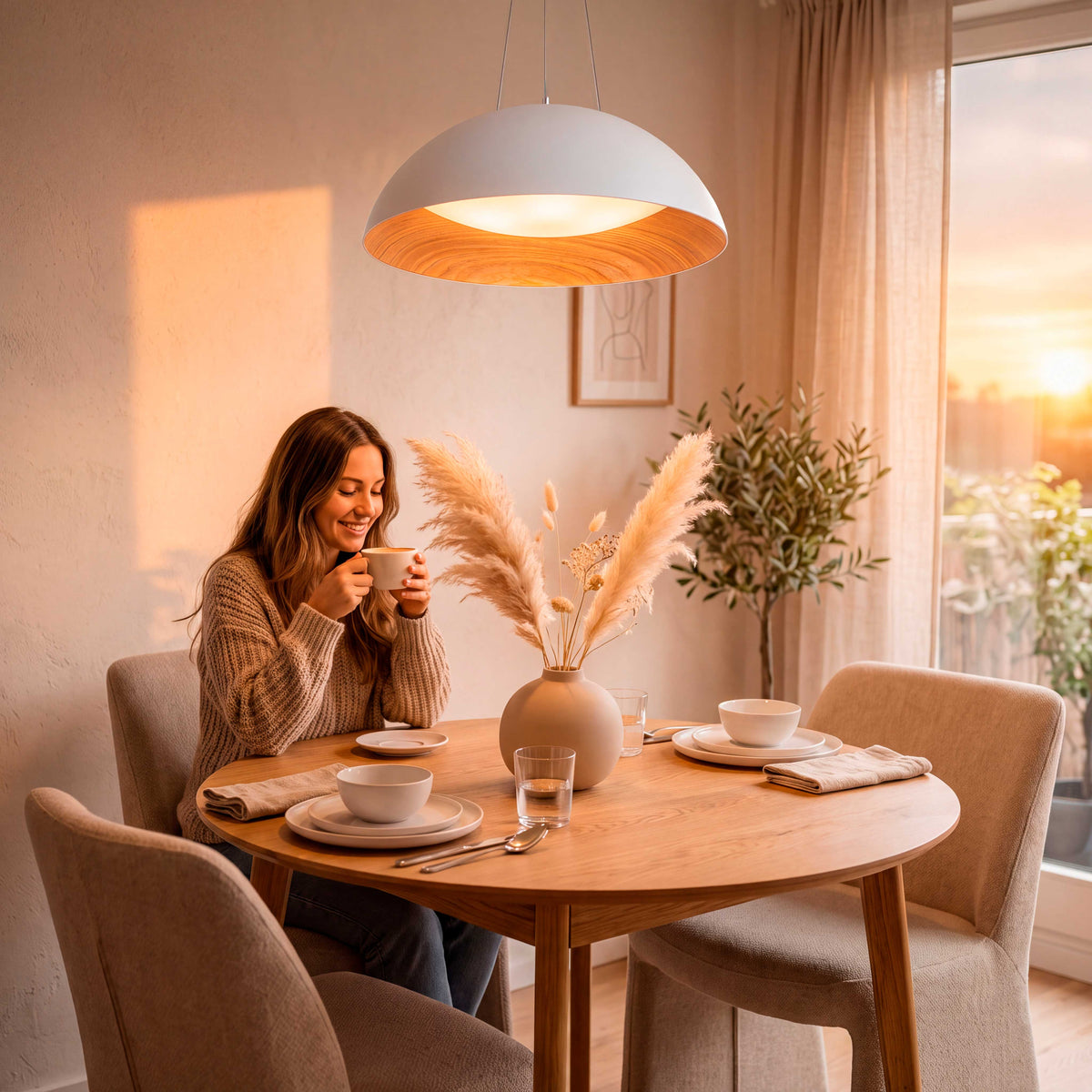 Luz ambiental tenue sobre comedor nórdico contemporáneo garantizando elevado confort óptico en reuniones familiares.