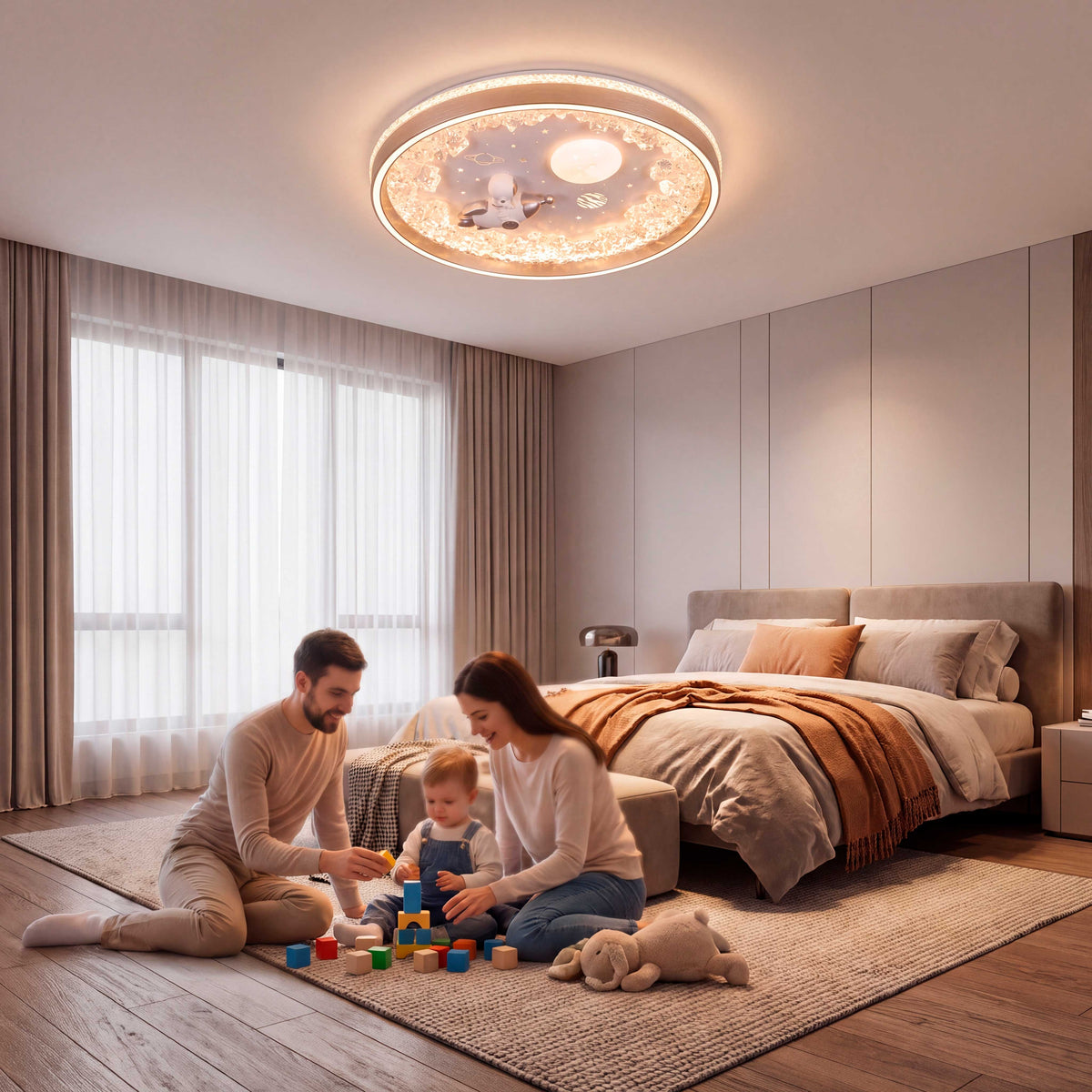 Distribución de luz ambiental tenue sobre dormitorio familiar en proyectos de interiorismo contemporáneo.