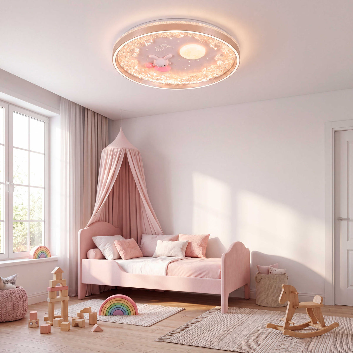 Distribución de luz ambiental tenue sobre dormitorio rosado en proyectos de interiorismo contemporáneo.