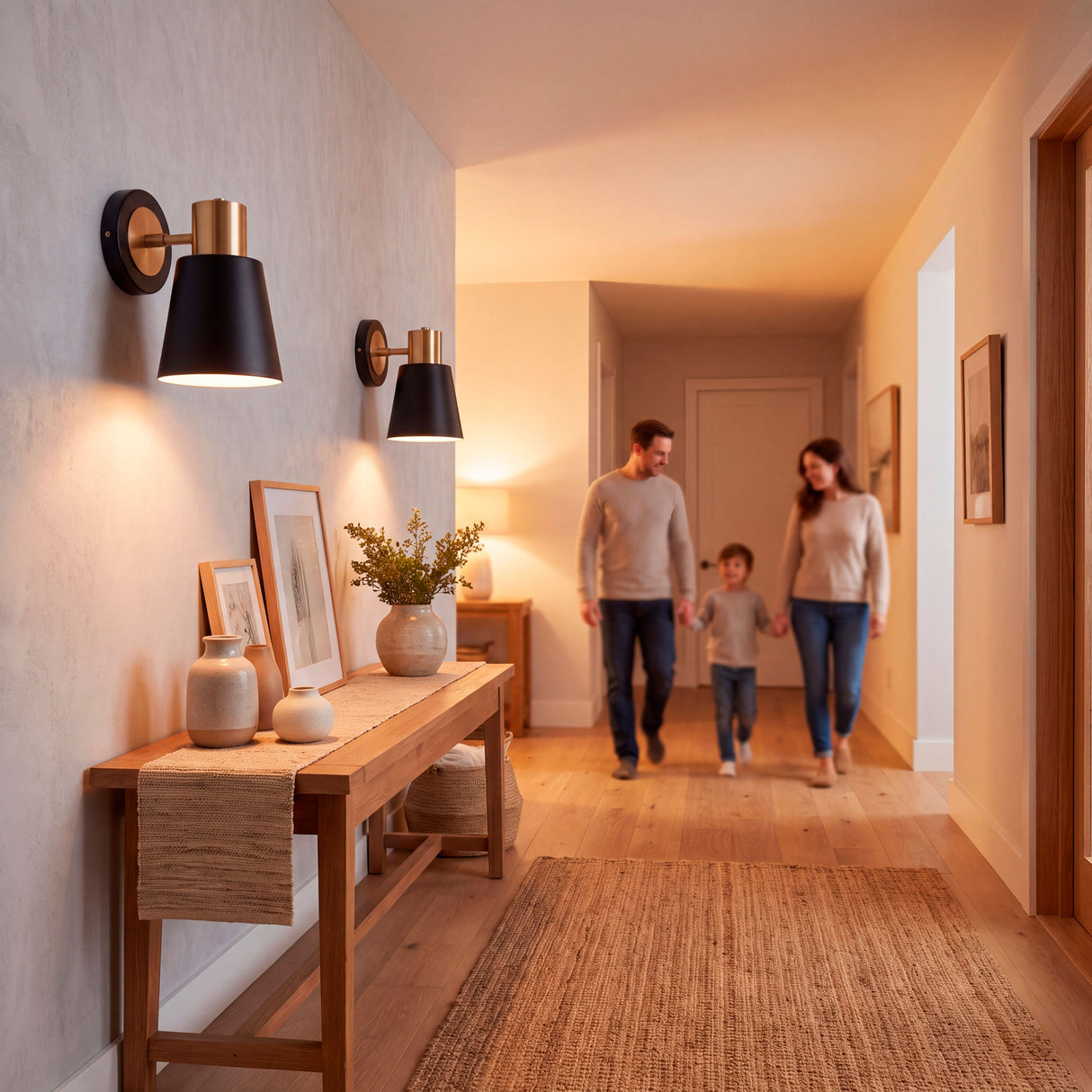 Alineación de apliques en muro garantizando distribución continua de luz en zonas de tránsito.