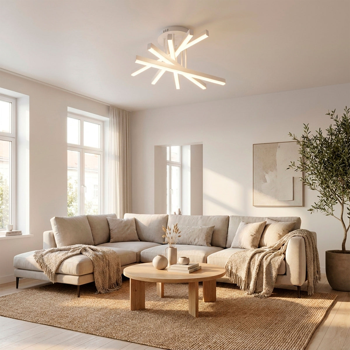 Iluminación cenital sobre salón moderno para crear ambientes cálidos y de alto confort óptico.