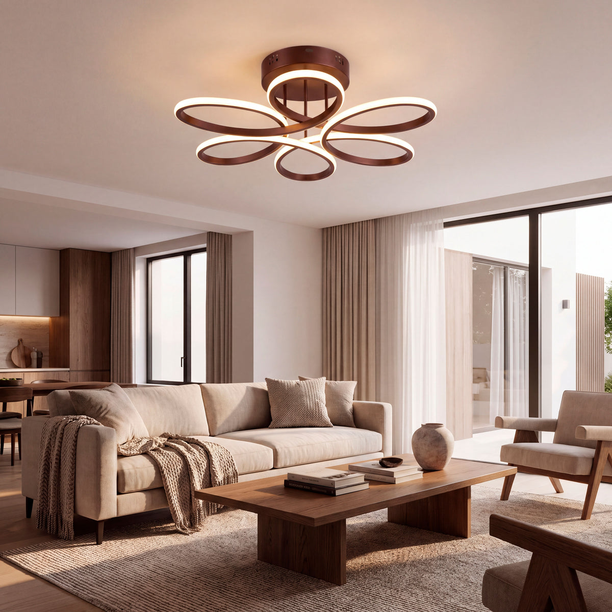 Iluminación cenital sobre salón moderno para crear ambientes cálidos y de alto confort óptico.