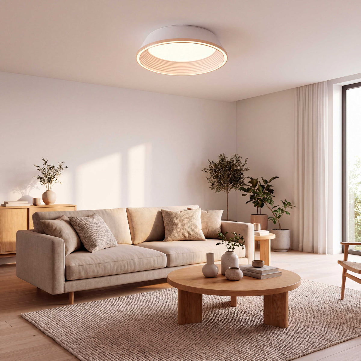 Distribución de flujo luminoso cálido sobre salón residencial promoviendo la armonía y confort óptico.