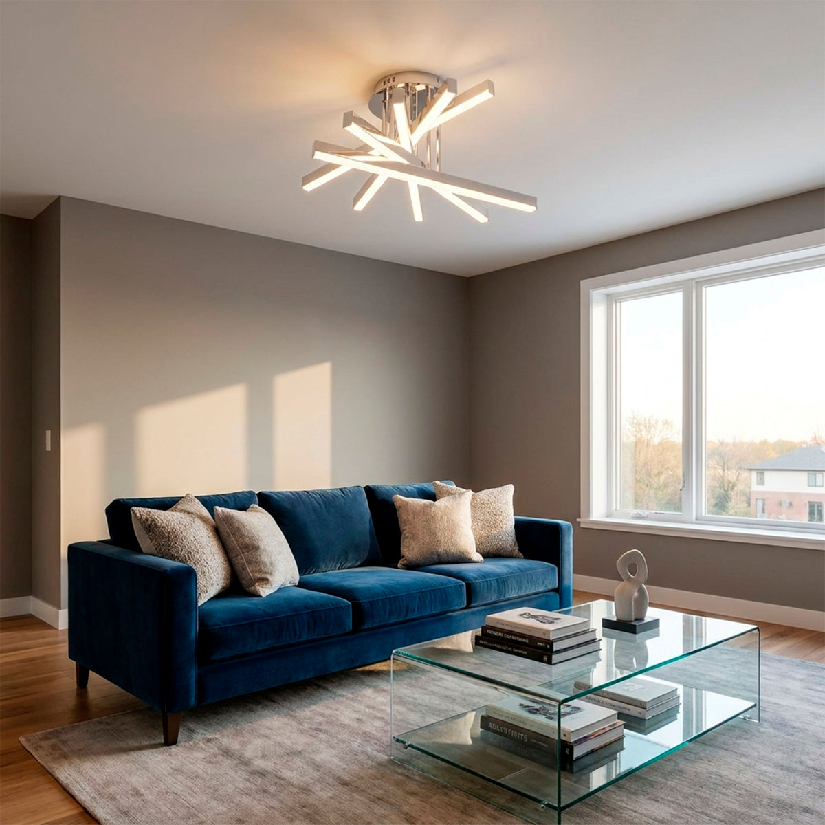 Iluminación cenital sobre salón moderno para crear ambientes cálidos y de alto confort óptico.