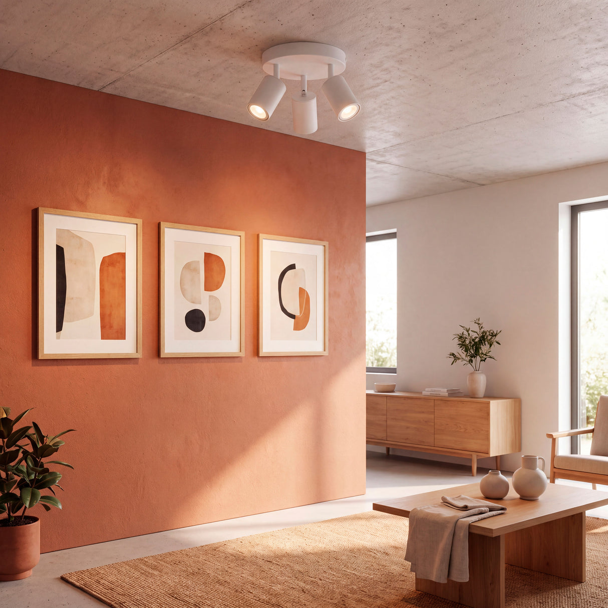 Distribución cenital de luz para espacios amplios de arquitectura contemporánea con acabados neutros.
