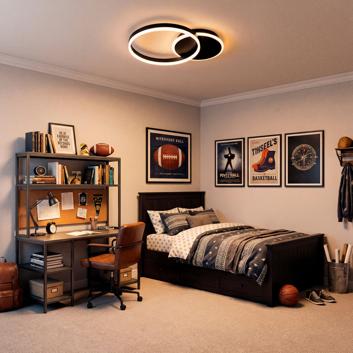 Configuración de luz para dormitorio con zona de estudio y decoración urbana.
