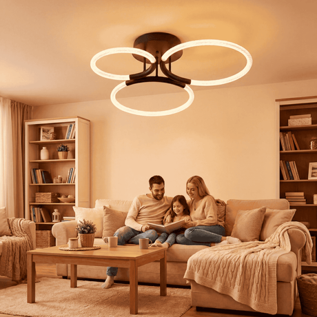 Lámpara de techo triple aro en sala de estar contemporánea con luz cálida y acogedora.