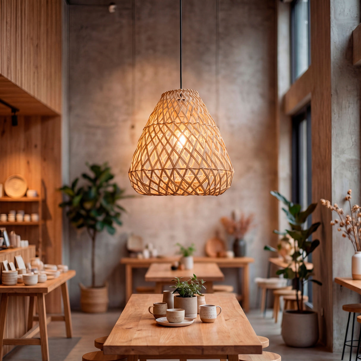 Lámparas de rattan instaladas en cafetería de diseño con paredes de piedra y madera clara.