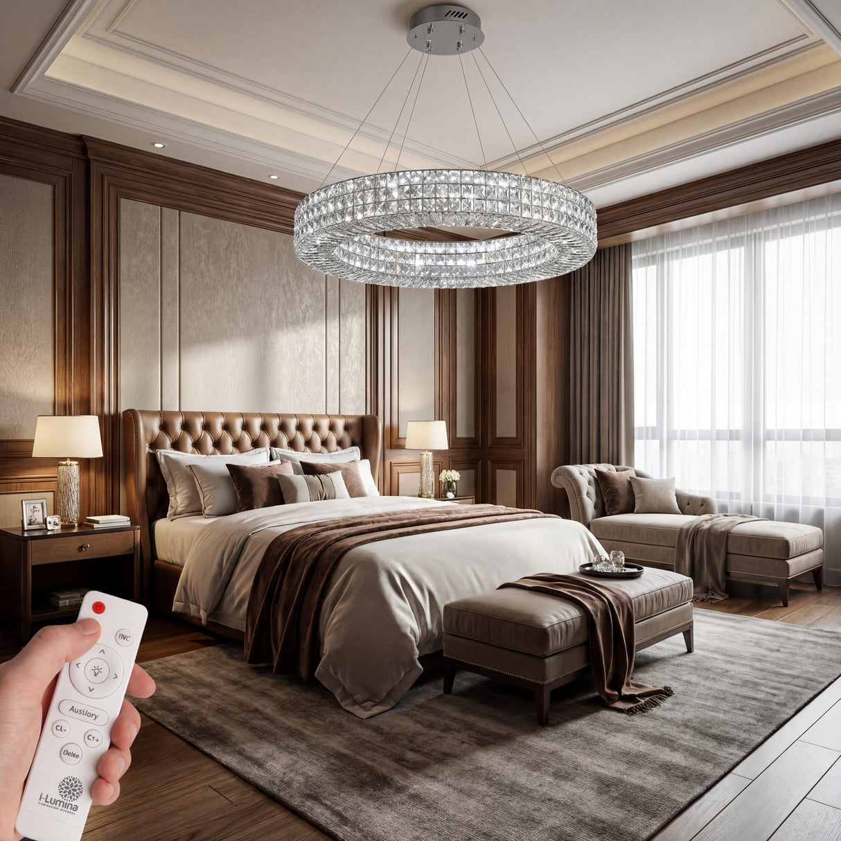 Ambiente de dormitorio principal con luz cálida regulada mediante mando a distancia.