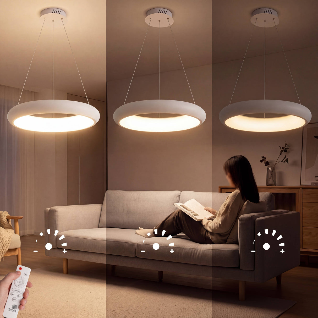 Escena de salón con iluminación regulable mediante control remoto para máximo confort visual.