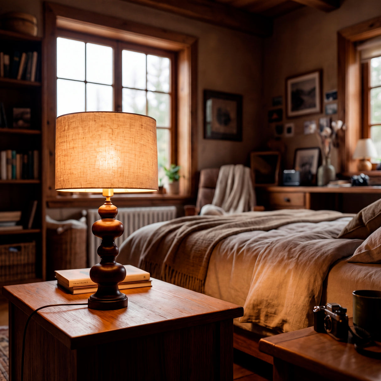 Lámpara sobre mueble de madera rústica en habitación con gran ventana y luz de día.