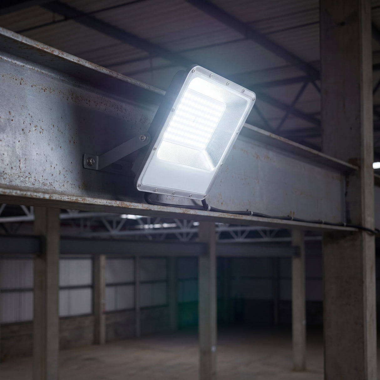 Proyectores instalados en viga de acero iluminando uniformemente el suelo de un complejo industrial.