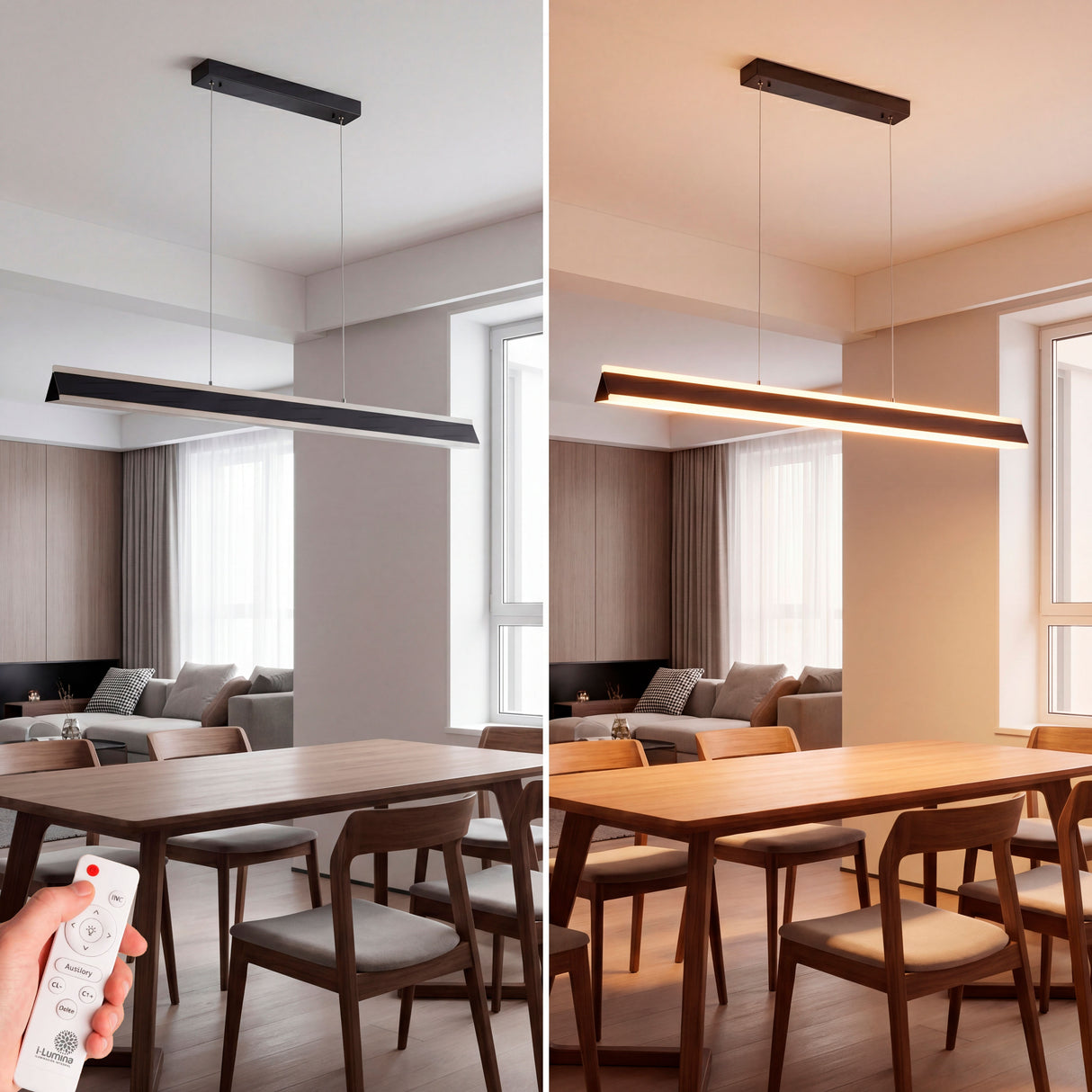 Perfil LED negro suspendido en cocina moderna con mobiliario gris y luz ambiental cálida.