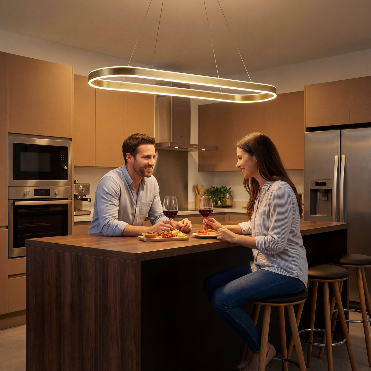 Pareja disfrutando de una cena en la isla de la cocina bajo la luz de la lámpara colgante LED.