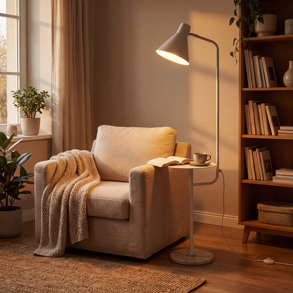 Zona de lectura minimalista con lámpara de pie blanca junto a un sillón orejero en tonos neutros.