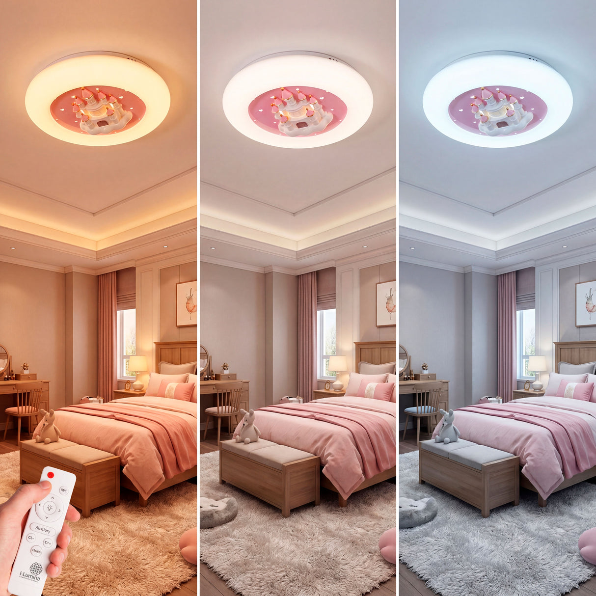 Demostración de los tres tonos de luz (frío, neutro, cálido) en un ambiente de dormitorio real.