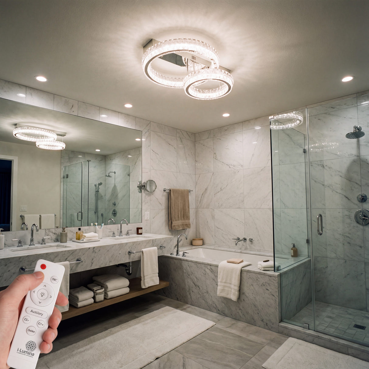 Aplicación de plafón circular en baño moderno con acabados en mármol y cristal.