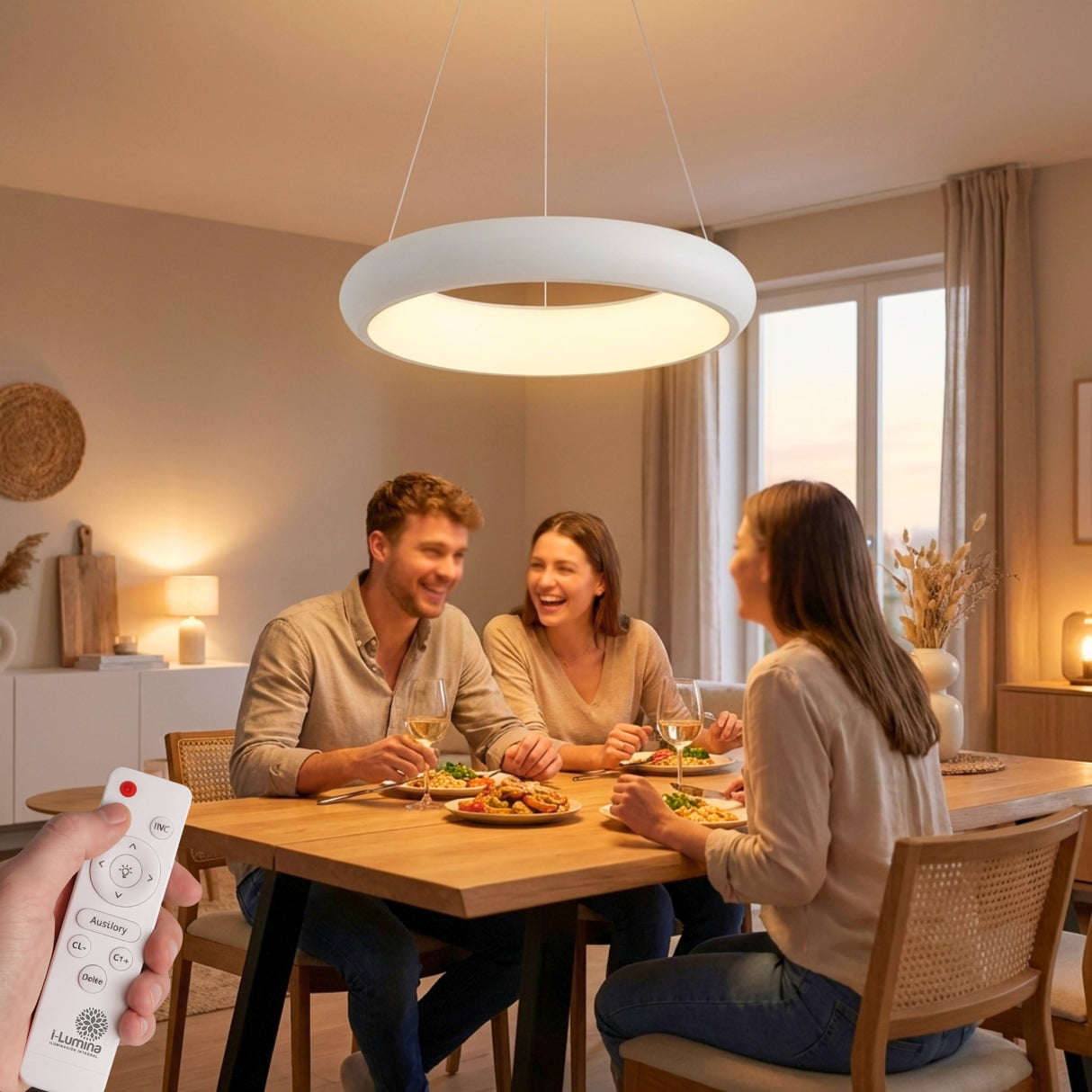Lámpara circular sobre mesa de comedor creando ambiente acogedor durante una cena familiar.