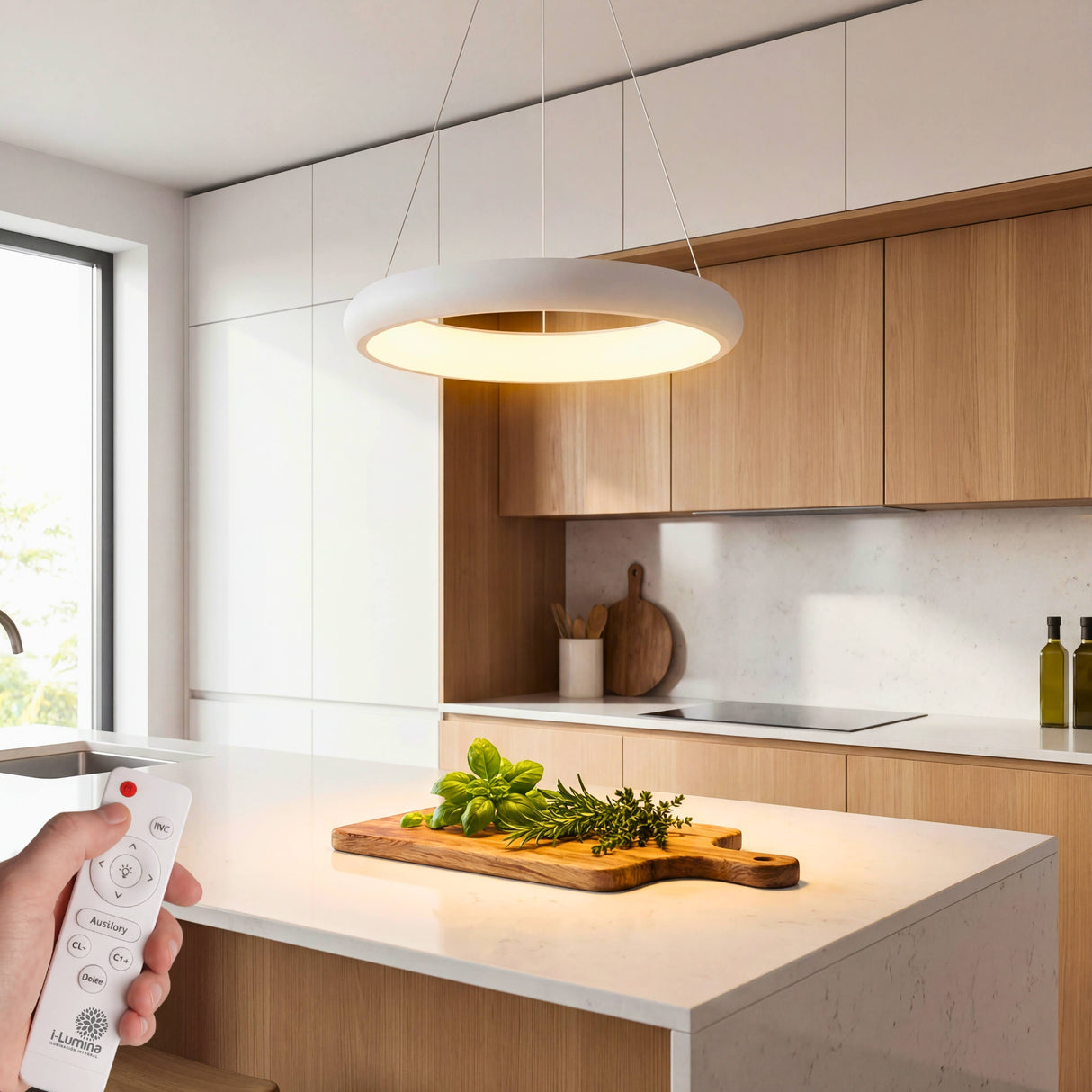 Lámpara de techo minimalista suspendida sobre isla de cocina con luz neutra y funcional.