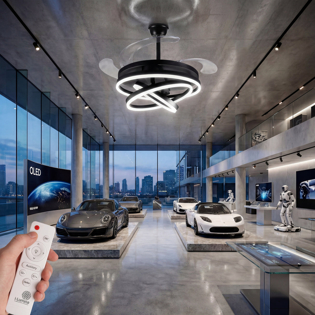 Uso de lámparas ventilador Luxury en un showroom de vehículos para una estética tecnológica.