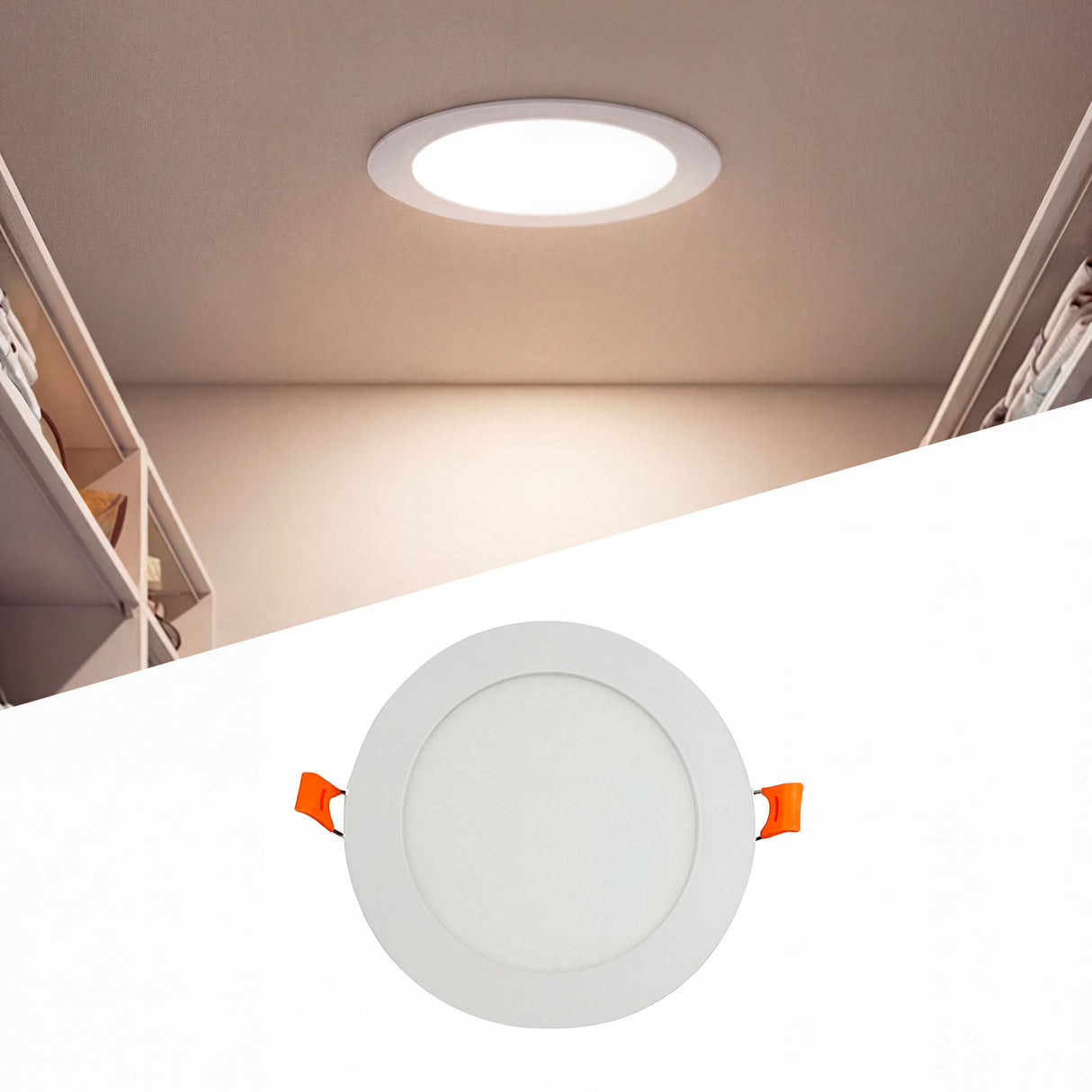 Panel downlight circular LED de 18W instalado en techo de vestidor con luz intermedia 4000K.