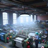 Campana LED tipo UFO de 200W iluminando área de producción textil con luz blanca.