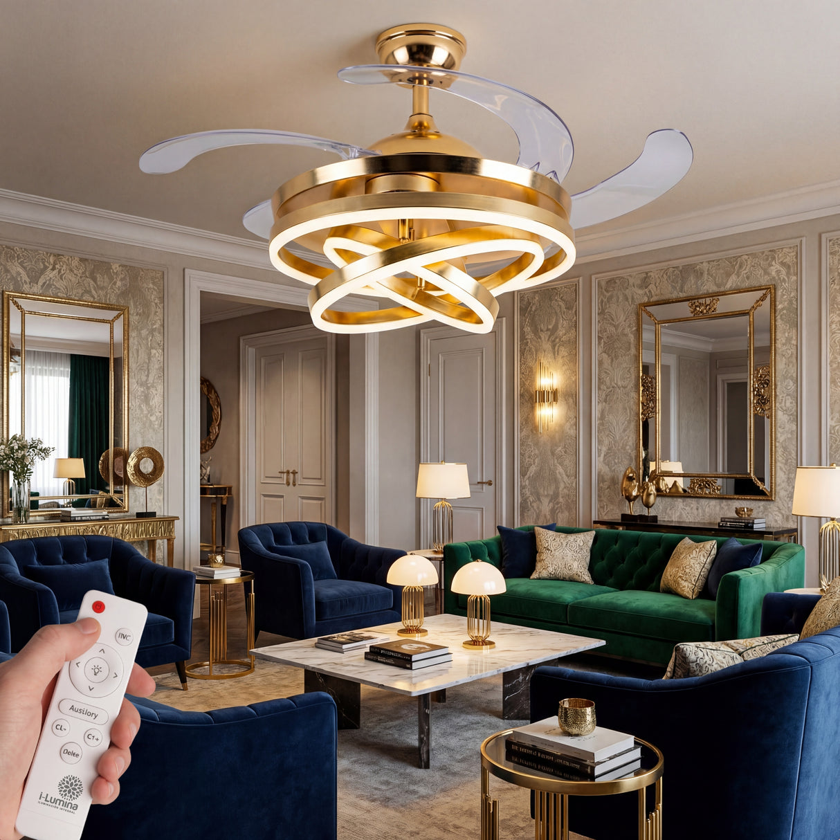 Sala de estar estilo Glam decorada con lámpara ventilador de anillos dorados y aspas invisibles.