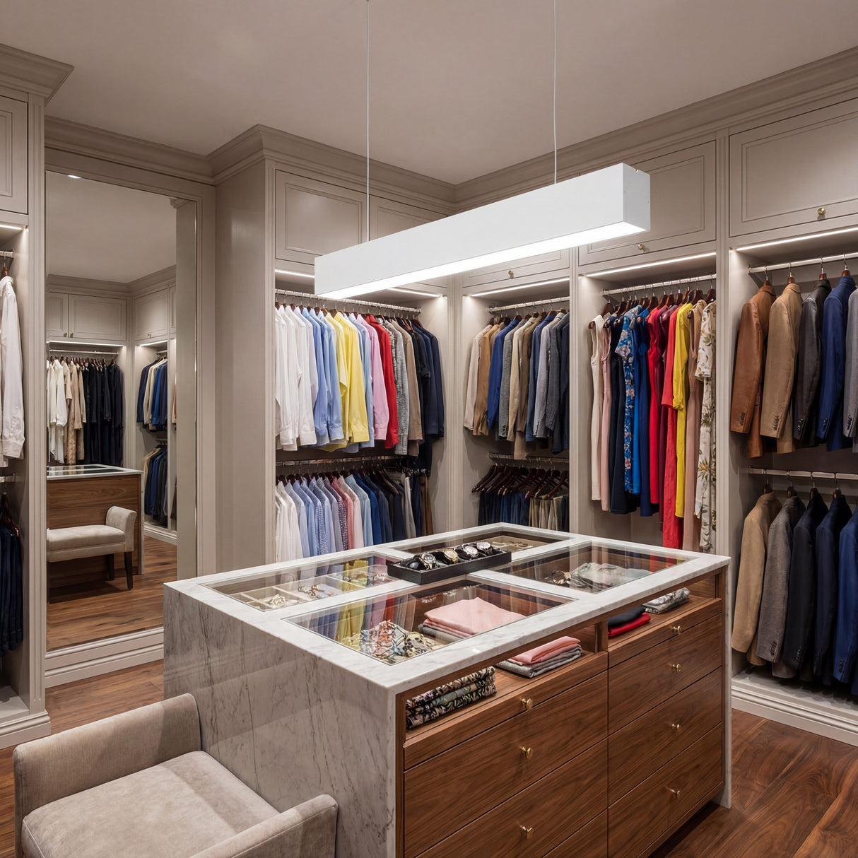 Aplicación de lámpara lineal blanca en vestidor premium con acabados en madera oscura.