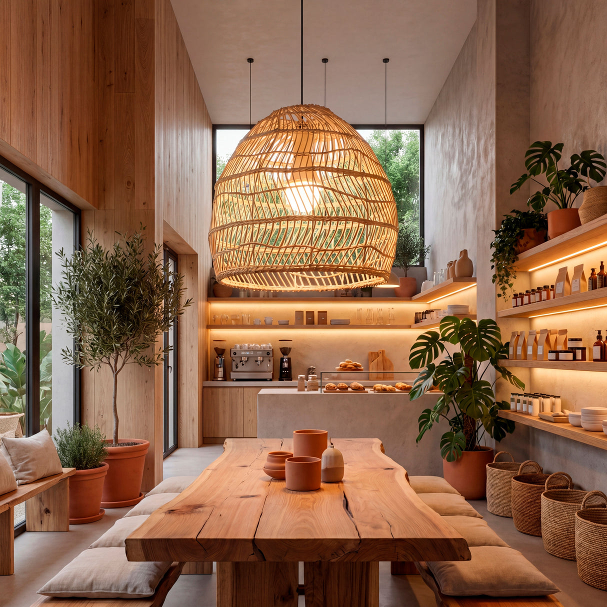 Aplicación de lámpara de rattan en cocina integrada con mobiliario de madera clara.