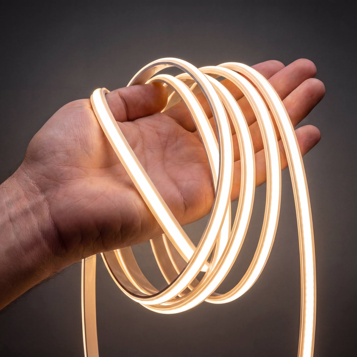 Manguera de iluminación lineal flexible de diseño minimalista encendida sobre una mano mostrando su flexibilidad.