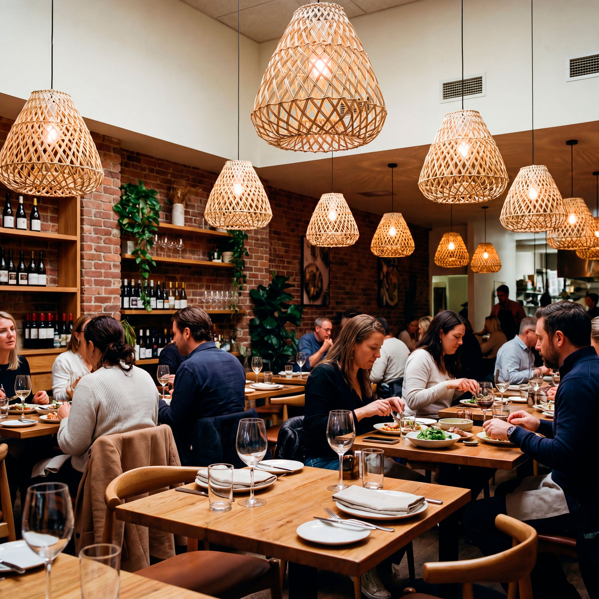 Conjunto de lámparas tejidas en restaurante de gran capacidad con techos de hormigón.
