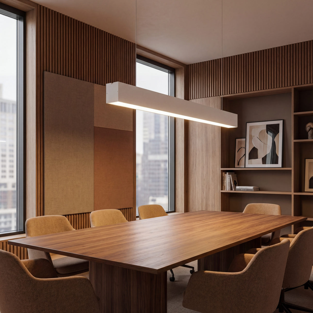 Luminaria lineal LED blanca sobre mesa de juntas en sala con revestimiento de madera.