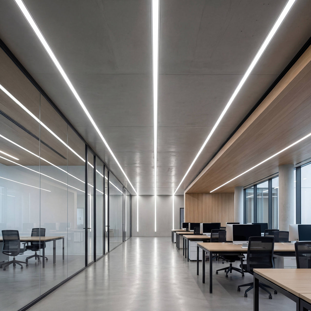 Pasillo de oficinas con luminarias lineales continuas integradas en techo técnico moderno.