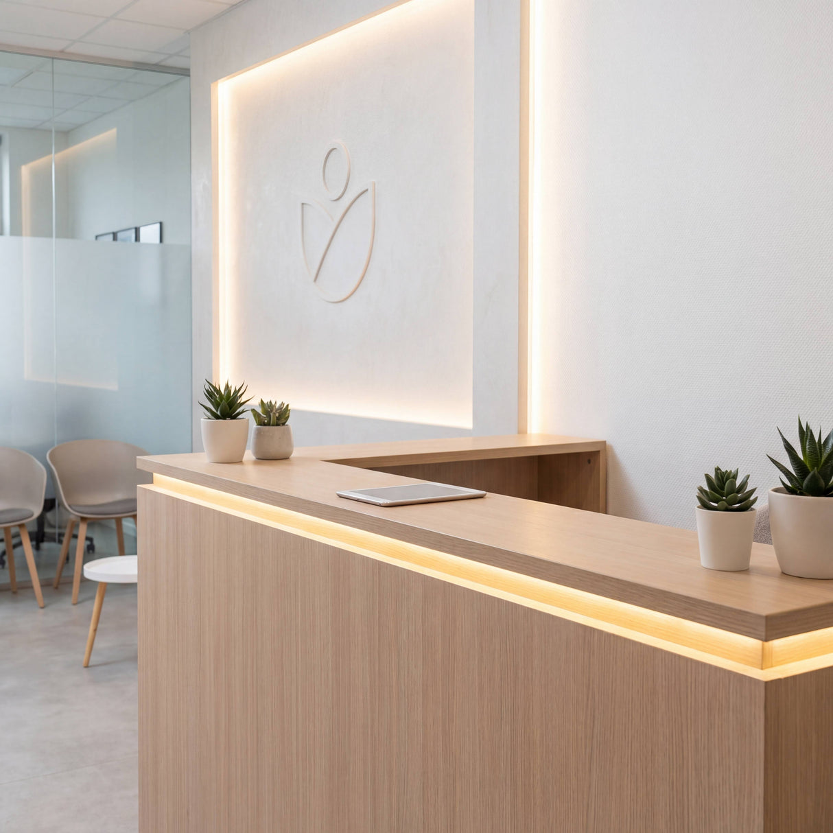 Luz LED lineal perimetral integrada en un mueble de recepción de madera para arquitectura comercial.