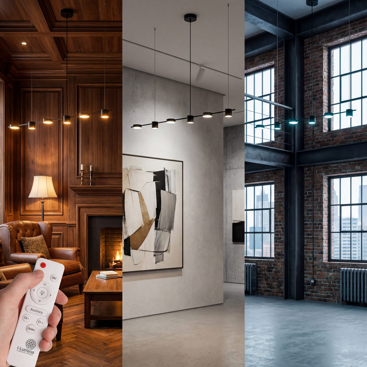 Sistema de iluminacion lineal led instalada en sala de estar con techos altos y diseño minimalista.